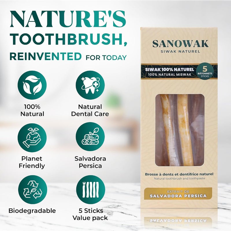 Miswak Stick / 100% Natural Siwak Sticks – 5 Organic Wooden Toothbrushes with Plastic Holder | Teeth Whitening & Oral Care | 100% Chewable & Antibacterial | Eco-Friendly & Vacuum Sealed - Image 2