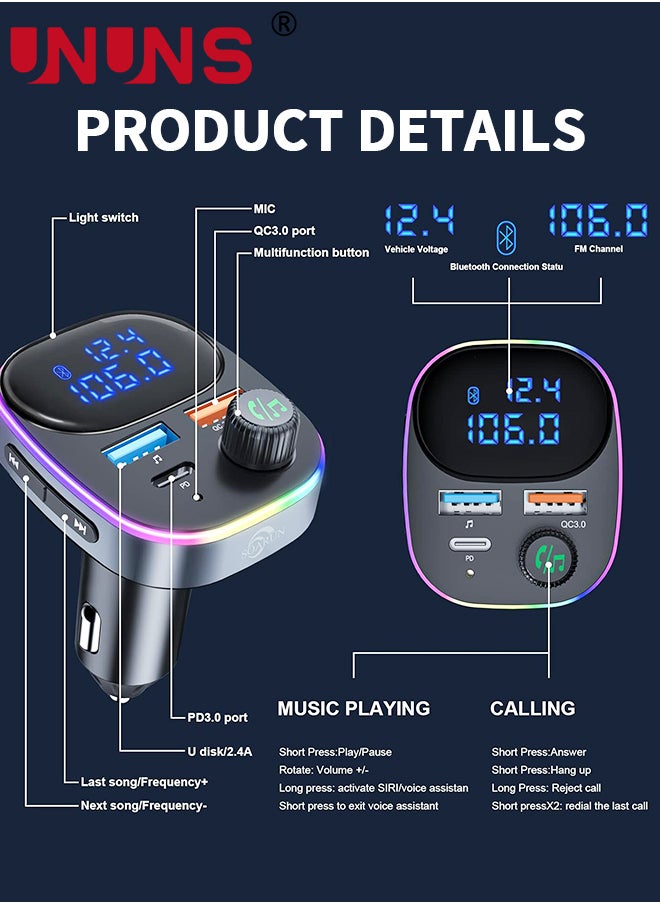 Bluetooth 5.3 FM Transmitter for Car,Bluetooth Car Adapter with Large LCD Screen, PD 20W+QC 3.0, HiFi Deep Bass Sound,Hands-Free Calling,Siri Google Assistant,AUX Output/U Disk