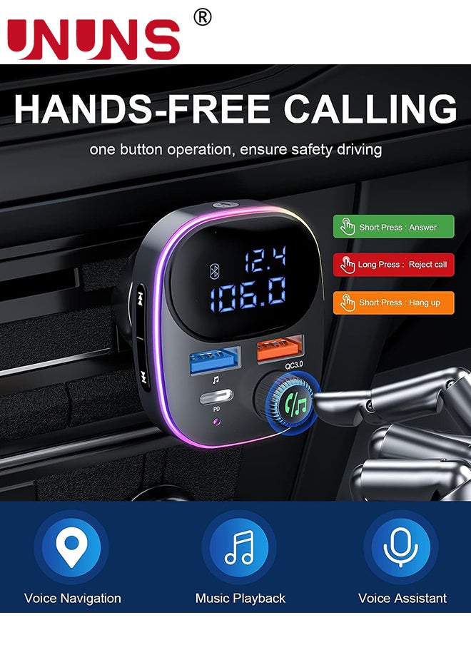 UNUNS Bluetooth 5.3 FM Transmitter for Car,Bluetooth Car Adapter with Large LCD Screen, PD 20W+QC 3.0, HiFi Deep Bass Sound,Hands-Free Calling,Siri Google Assistant,AUX Output/U Disk  - Image 5