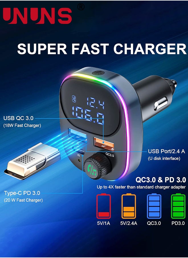 UNUNS Bluetooth 5.3 FM Transmitter for Car,Bluetooth Car Adapter with Large LCD Screen, PD 20W+QC 3.0, HiFi Deep Bass Sound,Hands-Free Calling,Siri Google Assistant,AUX Output/U Disk  - Image 3