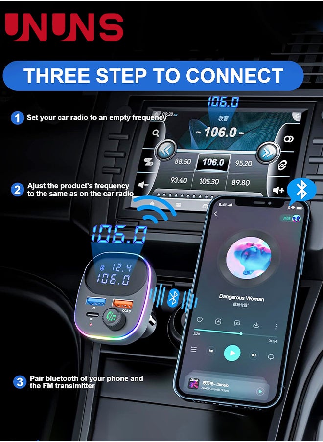 Bluetooth 5.3 FM Transmitter for Car,Bluetooth Car Adapter with Large LCD Screen, PD 20W+QC 3.0, HiFi Deep Bass Sound,Hands-Free Calling,Siri Google Assistant,AUX Output/U Disk