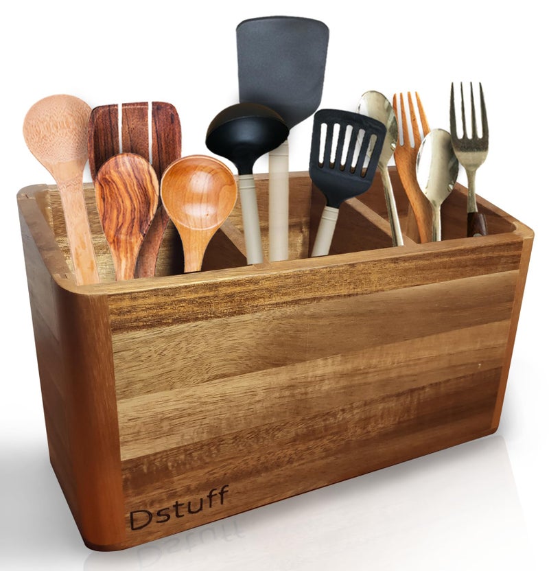Dstuff Large Kitchen Utensil Holder Organizer for Counter or Countertop Large Wooden Utensil Holder for Storage Cooking and Silverware with 3 Compartment Acacia Rustic Wood Container Extra Large