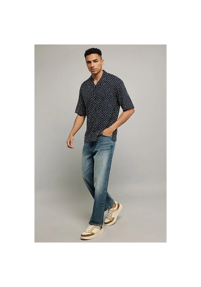 R&b Patterned Shirt with Revere Collar and Short Sleeves
