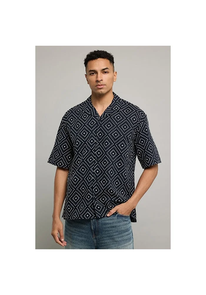 R&b Patterned Shirt with Revere Collar and Short Sleeves