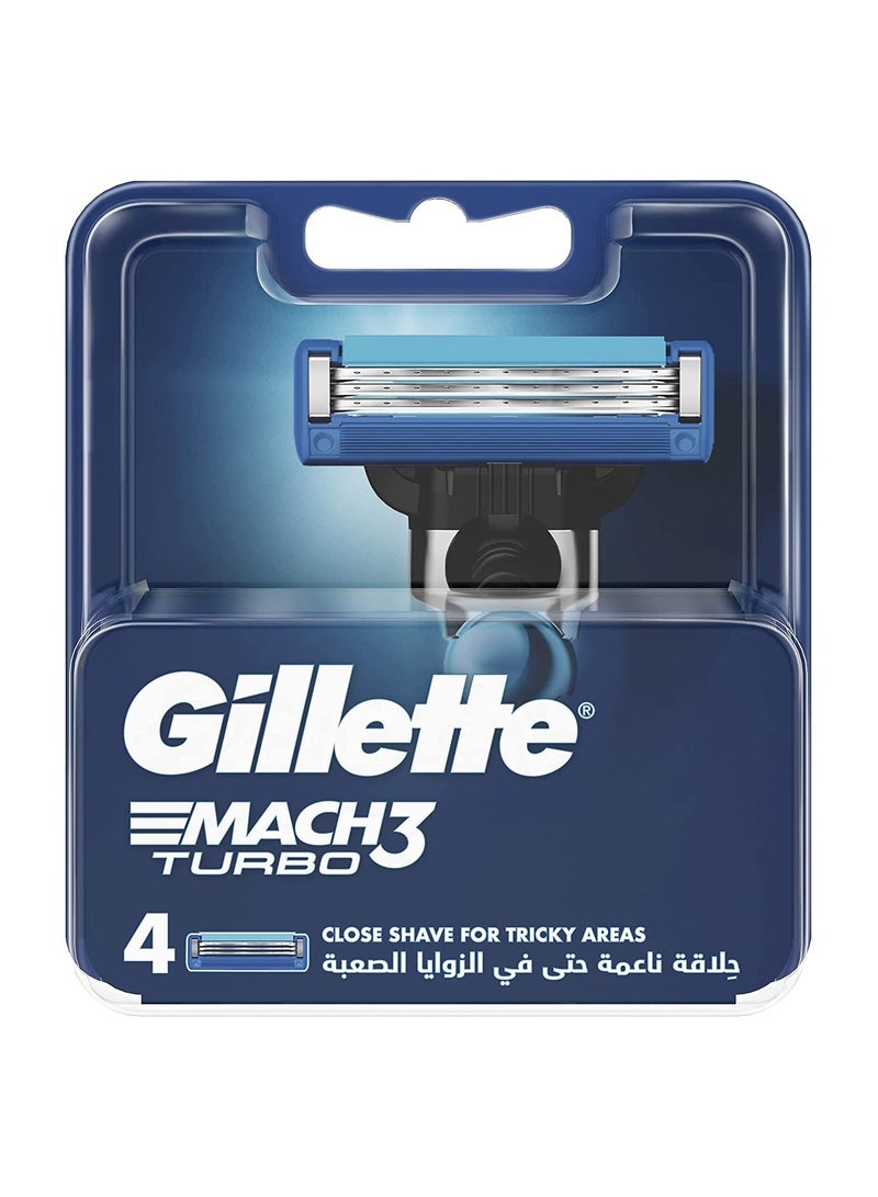 Gillette Mach3 Turbo 3D 4 Blade Refills Silver/Blue - Image 1