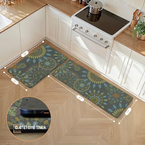 GENIMO Kitchen Mats for Floor 2PCS, Cushioned Kitchen Rugs Non Slip Washable, Farmhouse Anti Fatigue Mat Waterproof, Comfort Standing Mat Rug for Office, Home, Laundry, 17.3"x47"+17.3"x30", Green - Image 2