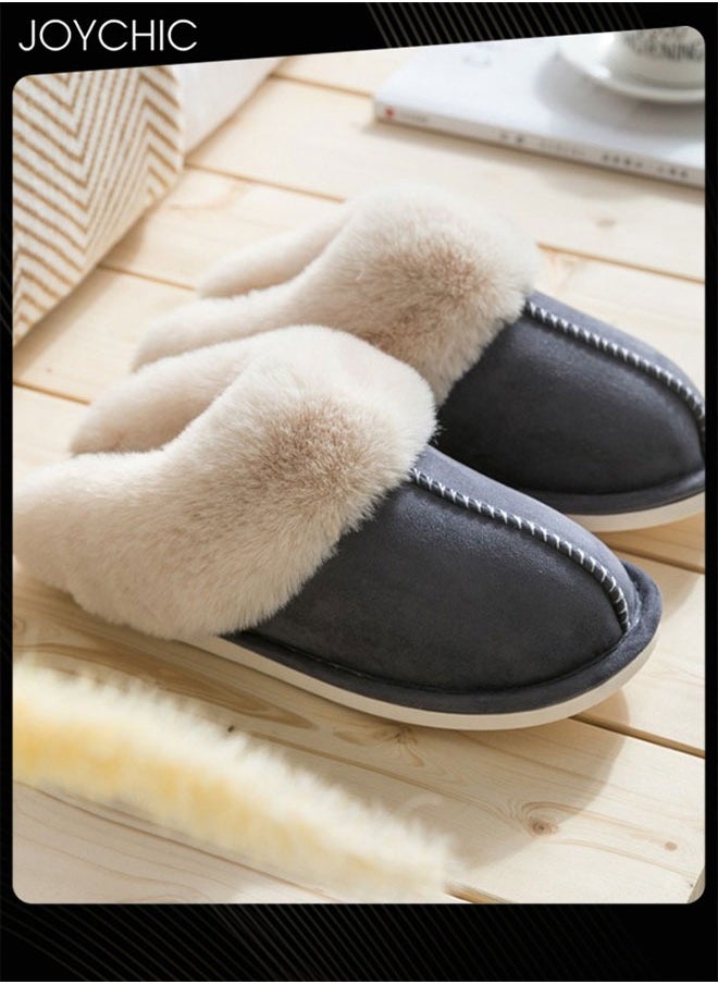 Joychic - Men Winter Flat Bedroom Slippers Memory Foam Slippers Fluffy Slippers Warm Soft House Slippers for Men Non-Slip Indoor Outdoor Dark Grey - Image 1