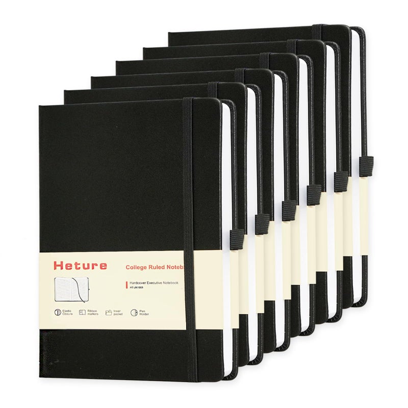 Heture Hardcover Notebooks, 6 Packs A5 Lined Journals Notebook for Writing 160 Pages, 8.2 x 5.5 inch, Black Classic Ruled Notebooks for College/Work/Travel (Black-6 Pack) - Image 1
