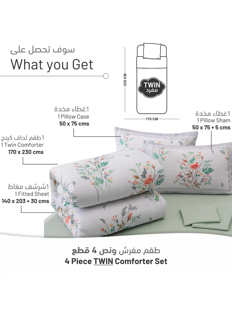 Donetella Comforter Set 4-Pcs Single Size Printed Reversible Bed Fit 140 x 200 CM All Season Comforter With (350 GSM) Down Alternative Filling,