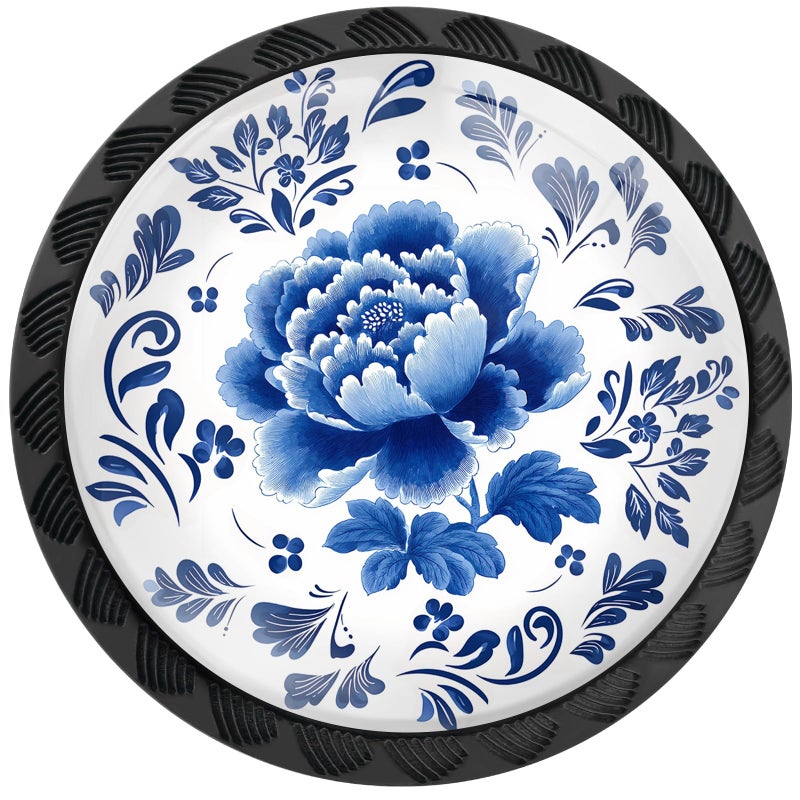 Artinhand 4 Pack Blue and White Porcelain Peony Flower Leaves Cabinet Knobs Round Drawer Pulls Black Dresser Knob Cupboard Door Handles Hardware for Kitchen Bathroom Cabinets - Image 1
