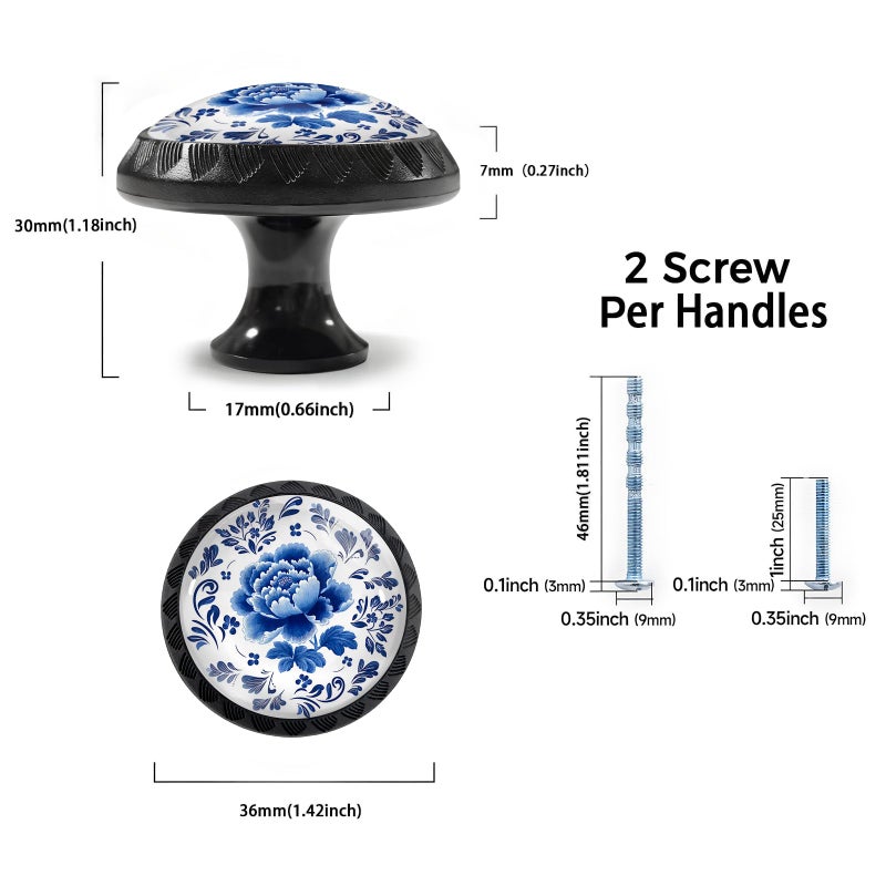 Artinhand 4 Pack Blue and White Porcelain Peony Flower Leaves Cabinet Knobs Round Drawer Pulls Black Dresser Knob Cupboard Door Handles Hardware for Kitchen Bathroom Cabinets - Image 3