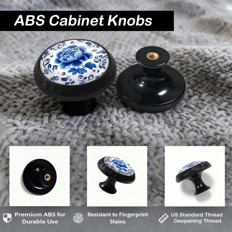 Artinhand 4 Pack Blue and White Porcelain Peony Flower Leaves Cabinet Knobs Round Drawer Pulls Black Dresser Knob Cupboard Door Handles Hardware for Kitchen Bathroom Cabinets - Image 4