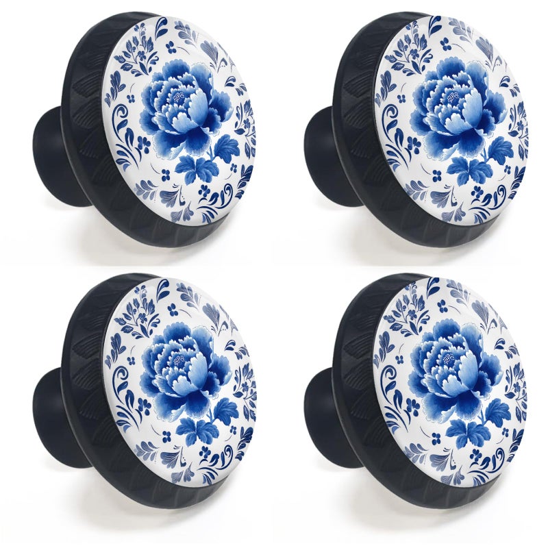 Artinhand 4 Pack Blue and White Porcelain Peony Flower Leaves Cabinet Knobs Round Drawer Pulls Black Dresser Knob Cupboard Door Handles Hardware for Kitchen Bathroom Cabinets - Image 2