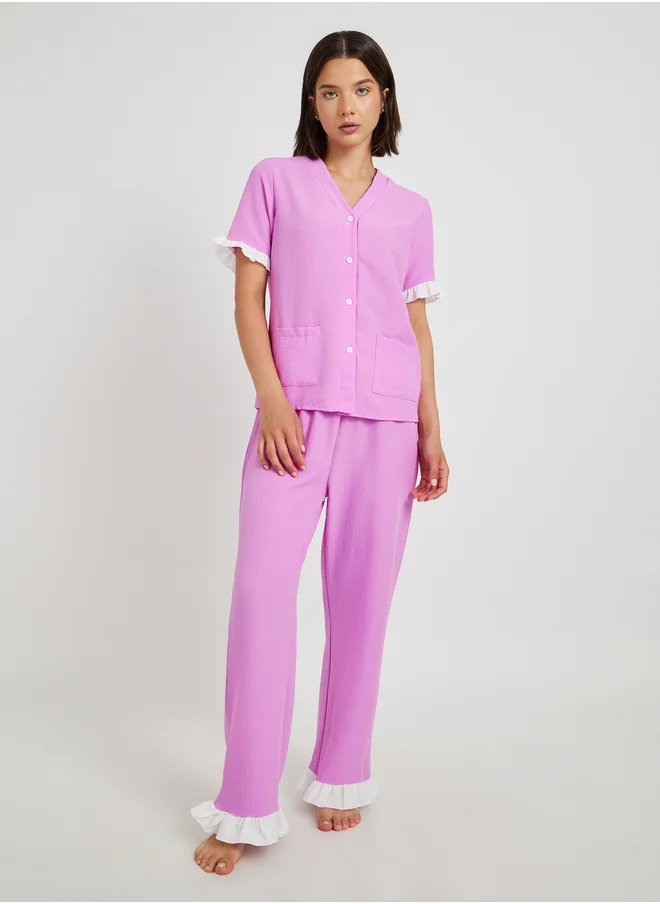 Styli Contrast Flounce Detail Short Sleeve Shirt and Pyjama Set