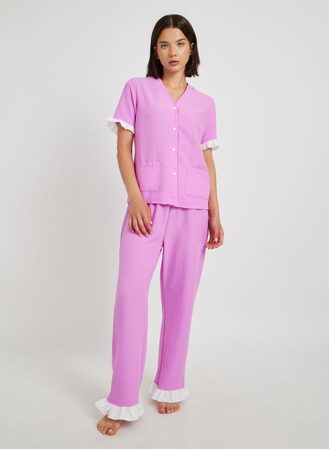 Take Two Contrast Flounce Detail Short Sleeve Shirt and Pyjama Set  - Image 1