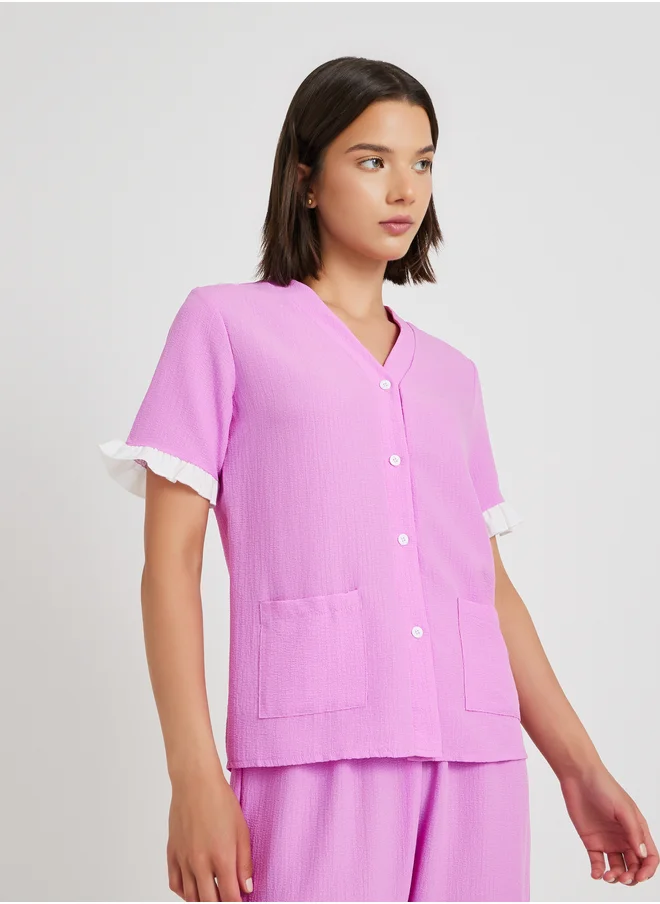 Styli Contrast Flounce Detail Short Sleeve Shirt and Pyjama Set