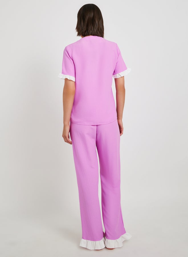 Take Two Contrast Flounce Detail Short Sleeve Shirt and Pyjama Set  - Image 4