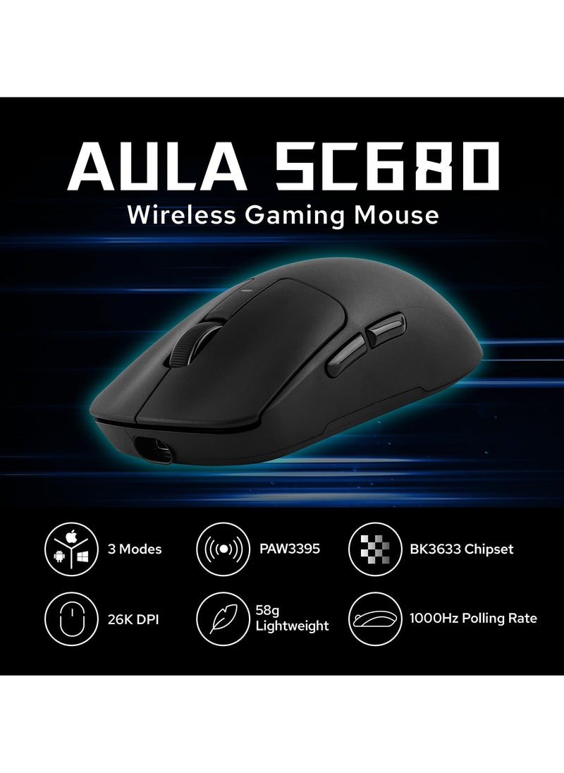 AULA SC680 Wireless Mouse, Ergonomic Gaming Mouse, with Adjustable 26000 DPI, PAW3395 Sensor, BK3633 Chipset, BT 5.0/2.4GHz/Wired Connections, 500mAh Battery for Win/Mac/PC/Laptop  - Image 3