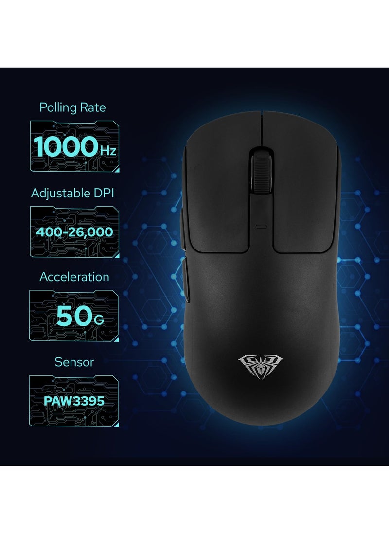 AULA SC680 Wireless Mouse, Ergonomic Gaming Mouse, with Adjustable 26000 DPI, PAW3395 Sensor, BK3633 Chipset, BT 5.0/2.4GHz/Wired Connections, 500mAh Battery for Win/Mac/PC/Laptop  - Image 4