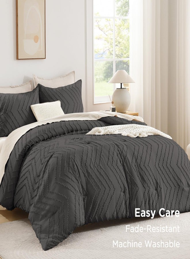 Andency طقم لحاف أندينسي رمادي داكن كبير الحجم (سوبر كينج) 120×120، طقم لحاف كبير الحجم (كينج) بتصميم بوهيمي ناعم ودافئ، طقم مفروشات مكون من 3 قطع بنقشة شيفرون جمالية - Image 3