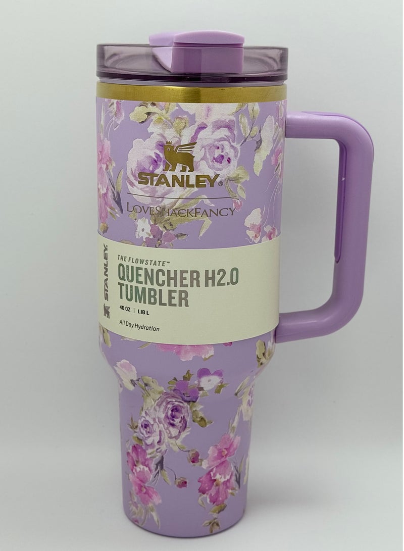 Stanley Stanley Love Shack Fancy H2.0 Flow State 40oz Purple Rose Tumbler, Stainless Steel Vacuum Insulated Quencher with Lid, Straw, and Stopper, Ideal for Water and Iced Tea, Keeps Drinks Cold, Presented in Elegant Gift-Ready Packaging  - Image 3