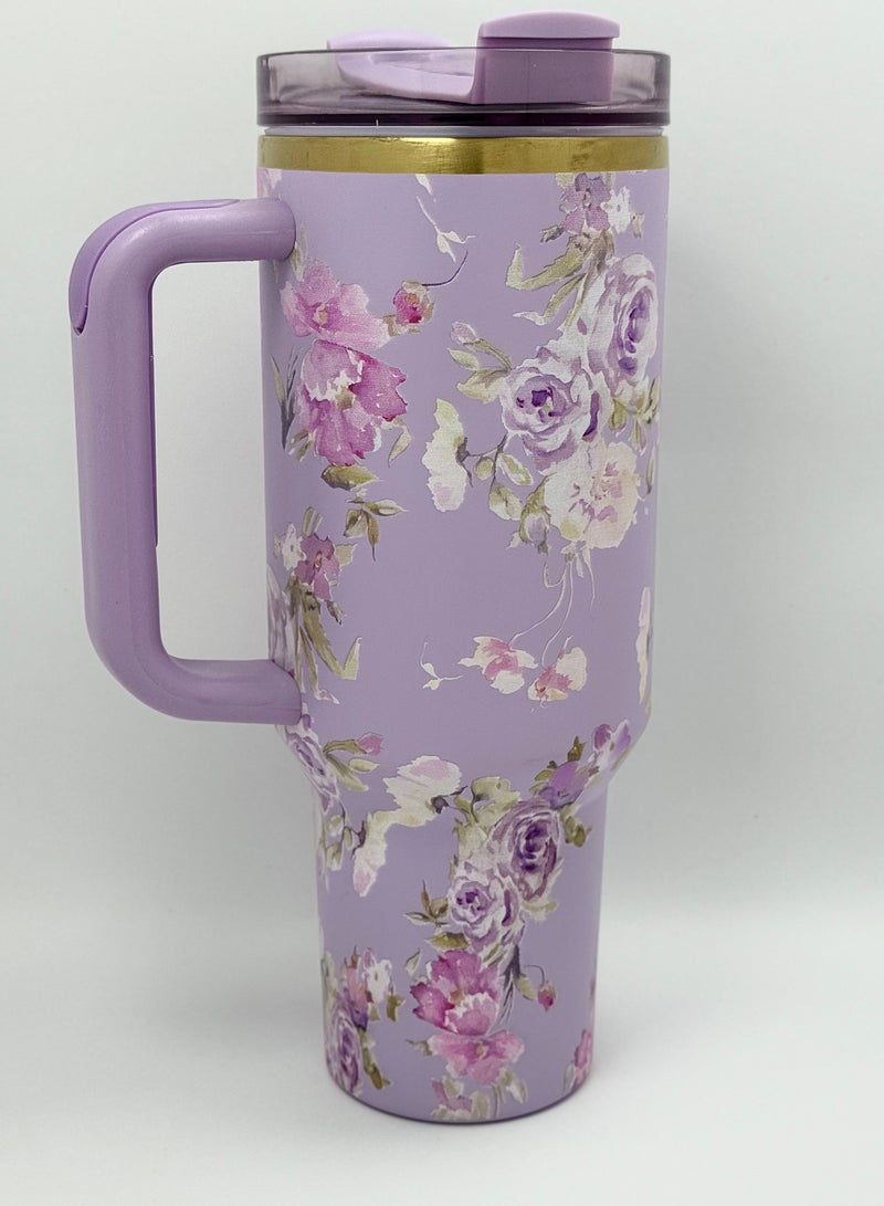 Stanley Stanley Love Shack Fancy H2.0 Flow State 40oz Purple Rose Tumbler, Stainless Steel Vacuum Insulated Quencher with Lid, Straw, and Stopper, Ideal for Water and Iced Tea, Keeps Drinks Cold, Presented in Elegant Gift-Ready Packaging  - Image 4