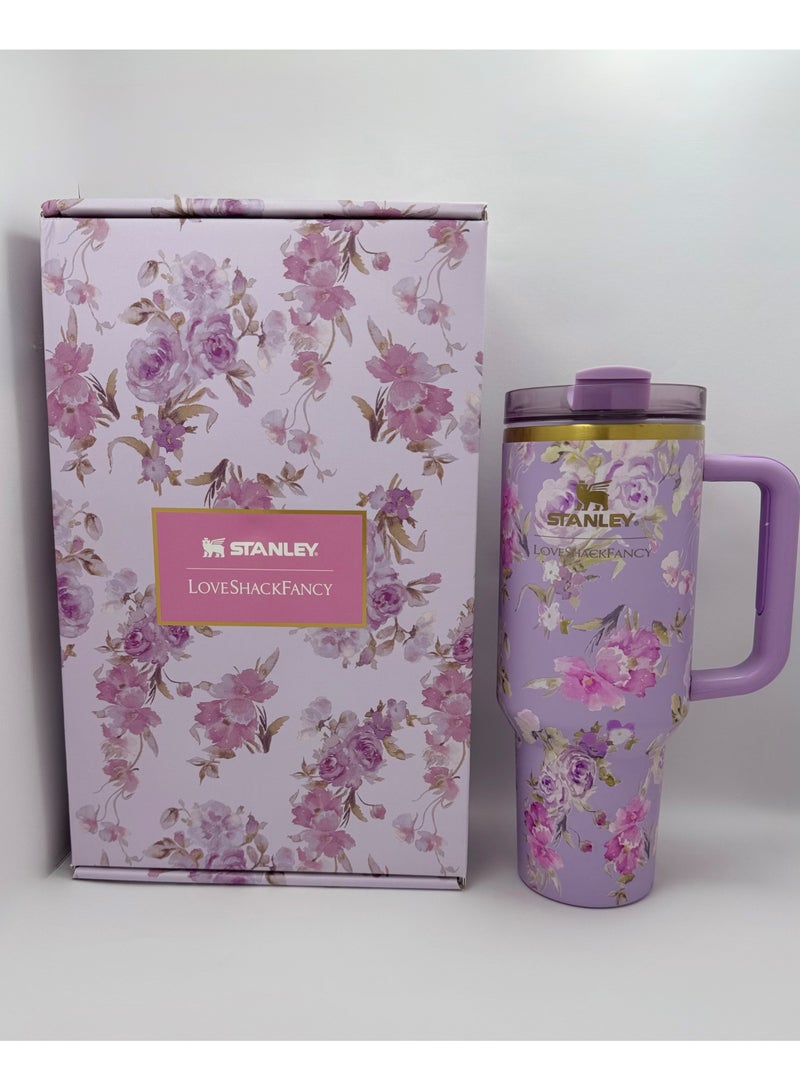 Stanley Stanley Love Shack Fancy H2.0 Flow State 40oz Purple Rose Tumbler, Stainless Steel Vacuum Insulated Quencher with Lid, Straw, and Stopper, Ideal for Water and Iced Tea, Keeps Drinks Cold, Presented in Elegant Gift-Ready Packaging  - Image 5