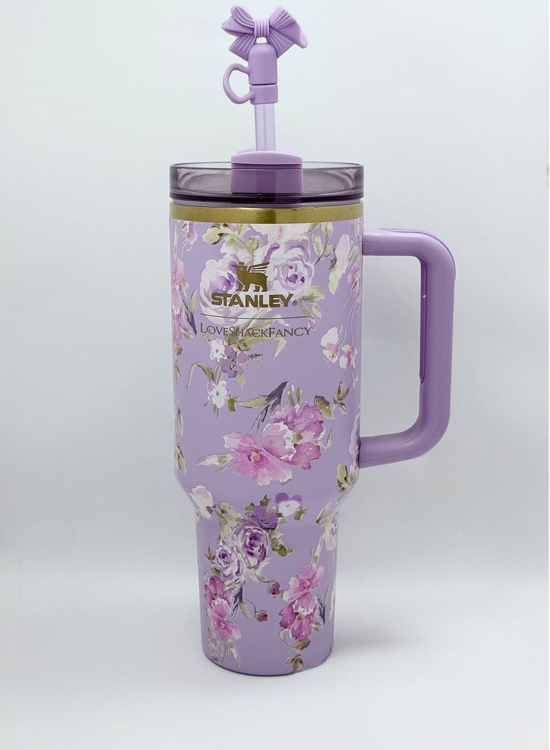 Stanley Stanley Love Shack Fancy H2.0 Flow State 40oz Purple Rose Tumbler, Stainless Steel Vacuum Insulated Quencher with Lid, Straw, and Stopper, Ideal for Water and Iced Tea, Keeps Drinks Cold, Presented in Elegant Gift-Ready Packaging  - Image 2