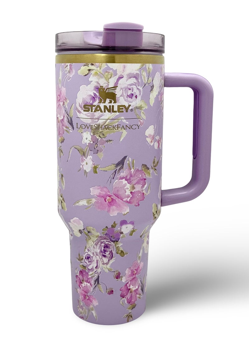 Stanley Stanley Love Shack Fancy H2.0 Flow State 40oz Purple Rose Tumbler, Stainless Steel Vacuum Insulated Quencher with Lid, Straw, and Stopper, Ideal for Water and Iced Tea, Keeps Drinks Cold, Presented in Elegant Gift-Ready Packaging  - Image 1