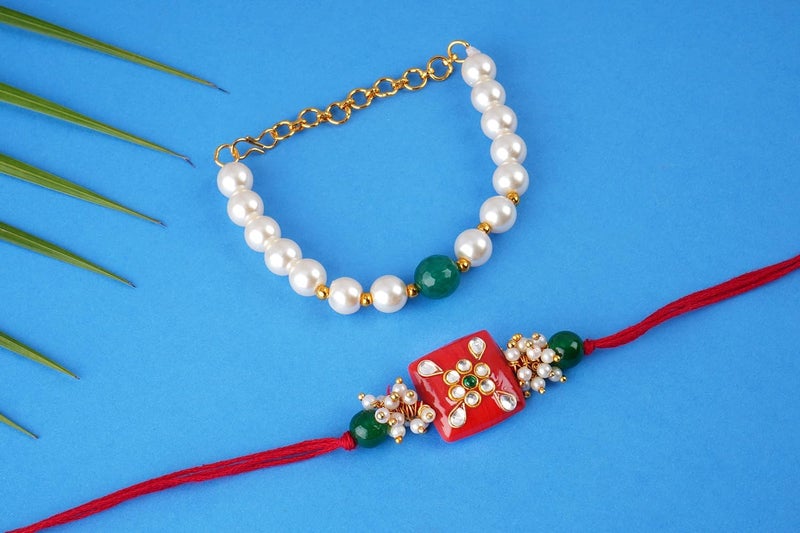 JFL Unisex Adult - Jewellery For Less Combo Of Colorful Kundan Stone Rakhi N Pearl Bracelet For Bhaiya Bhabhi/Brother, Couple Pair Rakhi Set With Roli Chawal For Raksha Bandhan (Adjustable) - Image 2
