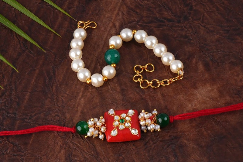 JFL Unisex Adult - Jewellery For Less Combo Of Colorful Kundan Stone Rakhi N Pearl Bracelet For Bhaiya Bhabhi/Brother, Couple Pair Rakhi Set With Roli Chawal For Raksha Bandhan (Adjustable) - Image 5