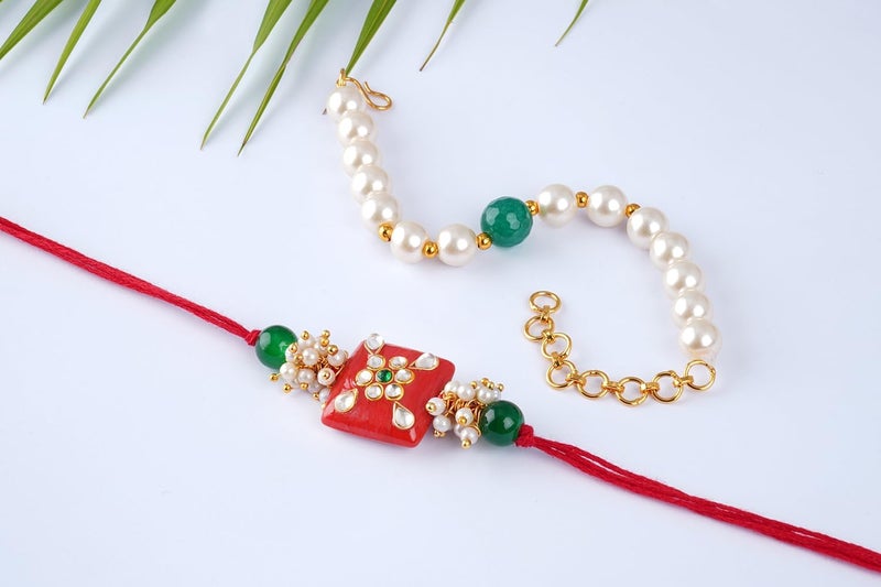 JFL Unisex Adult - Jewellery For Less Combo Of Colorful Kundan Stone Rakhi N Pearl Bracelet For Bhaiya Bhabhi/Brother, Couple Pair Rakhi Set With Roli Chawal For Raksha Bandhan (Adjustable) - Image 3