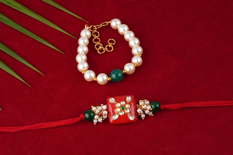 JFL Unisex Adult - Jewellery For Less Combo Of Colorful Kundan Stone Rakhi N Pearl Bracelet For Bhaiya Bhabhi/Brother, Couple Pair Rakhi Set With Roli Chawal For Raksha Bandhan (Adjustable) - Image 4
