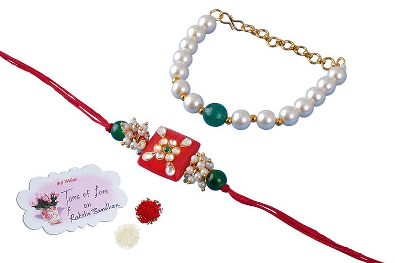 JFL Unisex Adult - Jewellery For Less Combo Of Colorful Kundan Stone Rakhi N Pearl Bracelet For Bhaiya Bhabhi/Brother, Couple Pair Rakhi Set With Roli Chawal For Raksha Bandhan (Adjustable) - Image 1