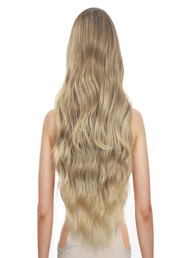 FUTAI Long Wavy Wig 30 Inch Ombre Blonde HD Front Lace Body Curly Synthetic Hair Wigs for Women Professional Female Diverse Styles Daily Party Cosplay - Image 3