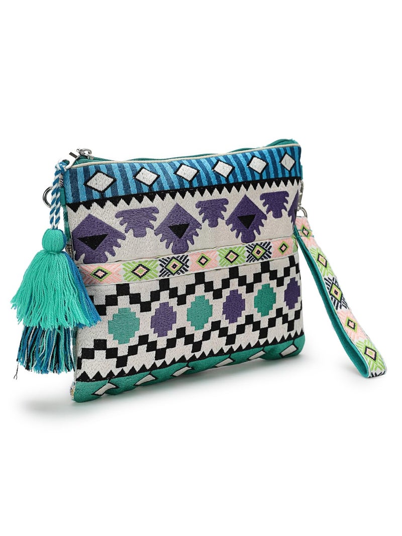 Anekaant Tribal Turquoise & Multi Acrylic Jacquard Ethnic Motifs Embroidered Sling Bag - Image 4