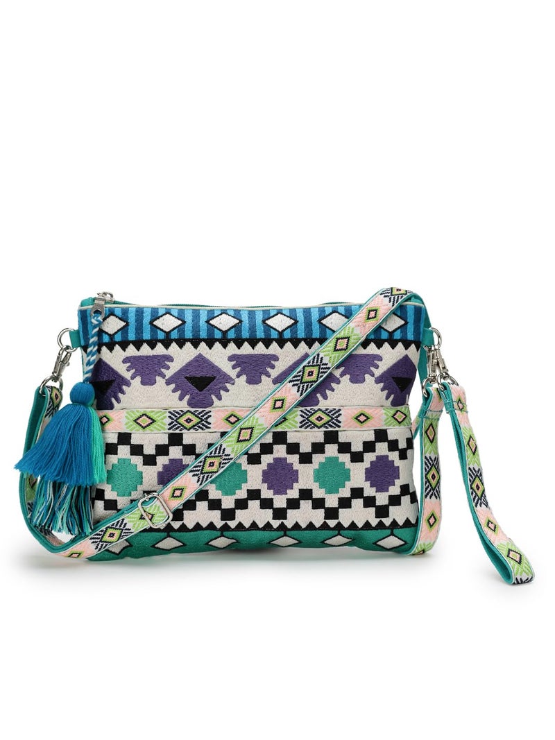 Anekaant Tribal Turquoise & Multi Acrylic Jacquard Ethnic Motifs Embroidered Sling Bag - Image 1