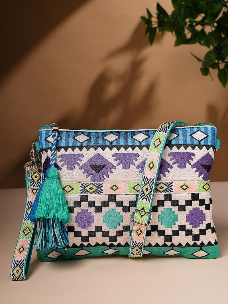 Anekaant Tribal Turquoise & Multi Acrylic Jacquard Ethnic Motifs Embroidered Sling Bag - Image 3