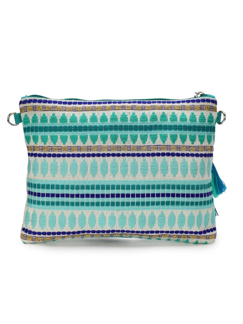 Anekaant Tribal Turquoise & Multi Acrylic Jacquard Ethnic Motifs Embroidered Sling Bag - Image 5