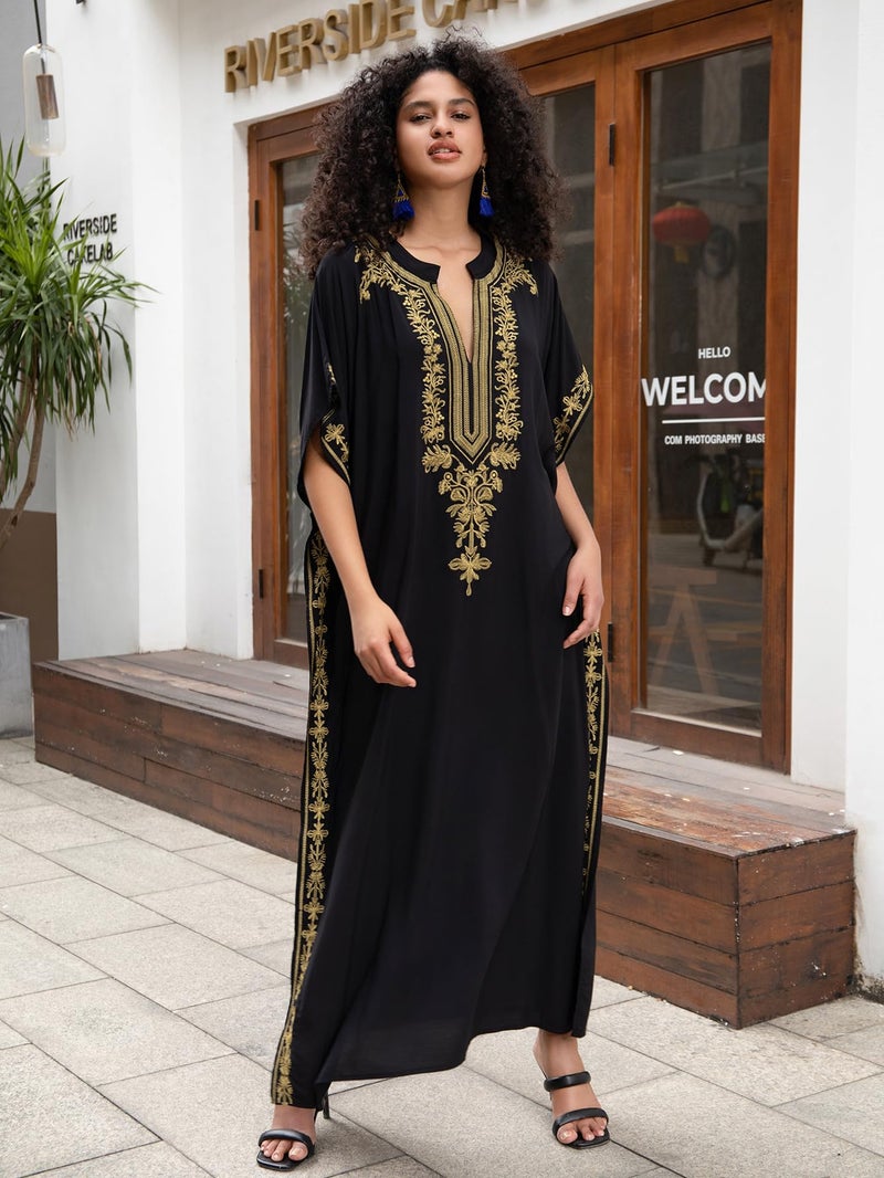 KECVOT Kaftan Dresses for Women Embroidered Short Sleeve V-neck Plus Size Caftan Bikini Swimsuit Cover-Up Long Beach Dress - Image 2