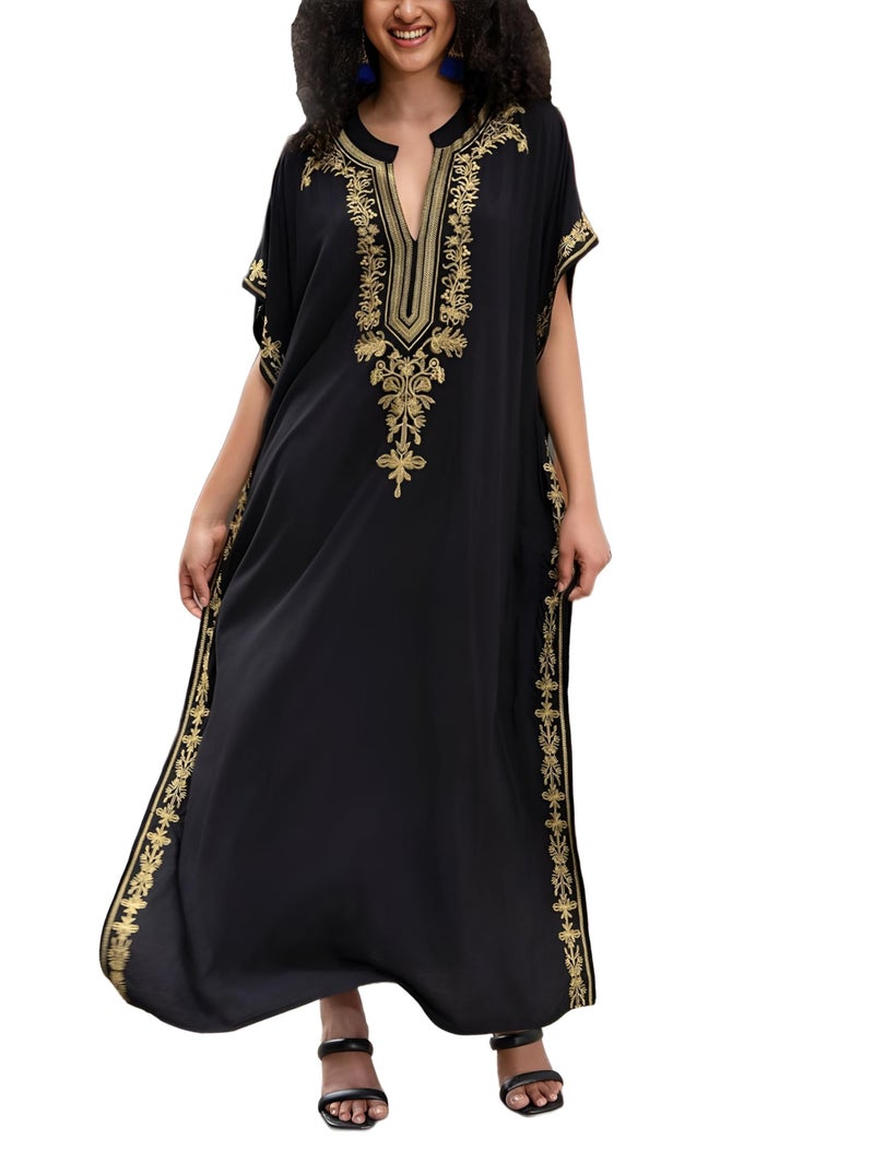 KECVOT Kaftan Dresses for Women Embroidered Short Sleeve V-neck Plus Size Caftan Bikini Swimsuit Cover-Up Long Beach Dress - Image 1
