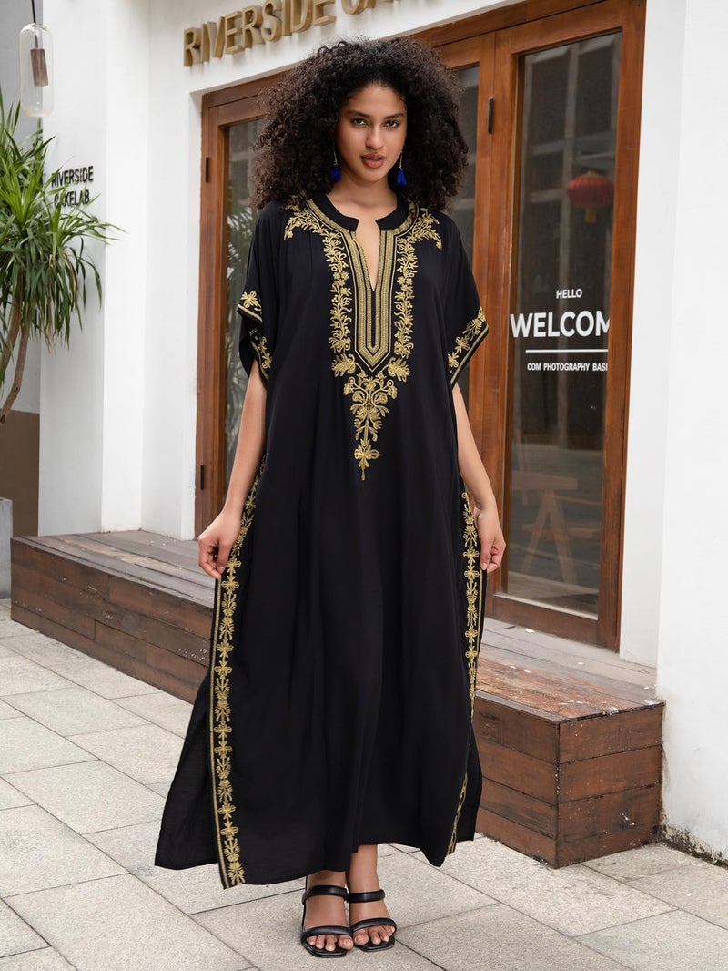 KECVOT Kaftan Dresses for Women Embroidered Short Sleeve V-neck Plus Size Caftan Bikini Swimsuit Cover-Up Long Beach Dress - Image 3