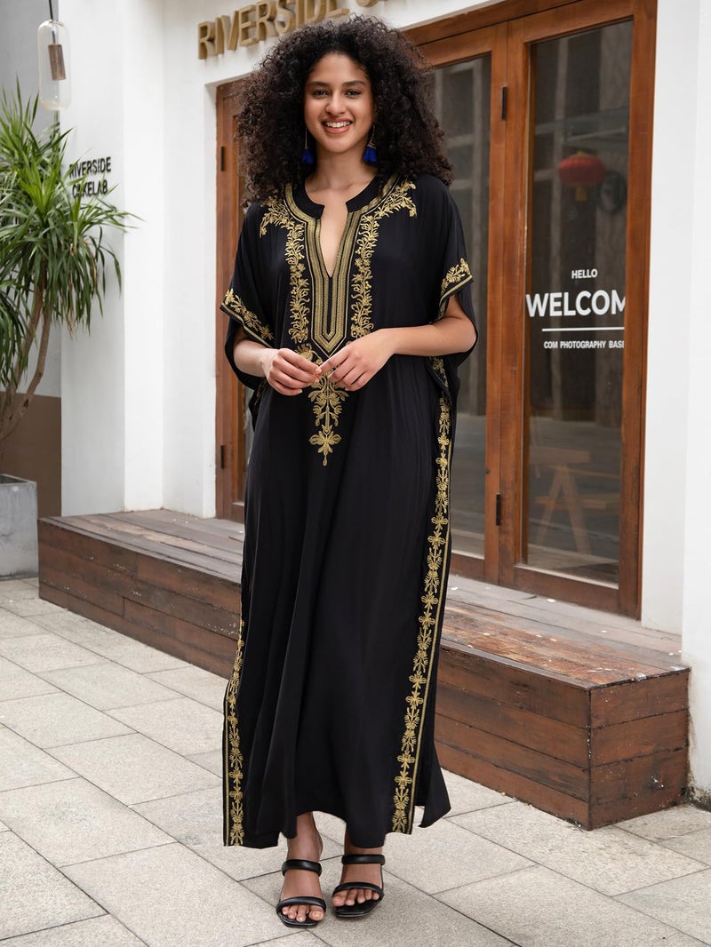 KECVOT Kaftan Dresses for Women Embroidered Short Sleeve V-neck Plus Size Caftan Bikini Swimsuit Cover-Up Long Beach Dress - Image 4