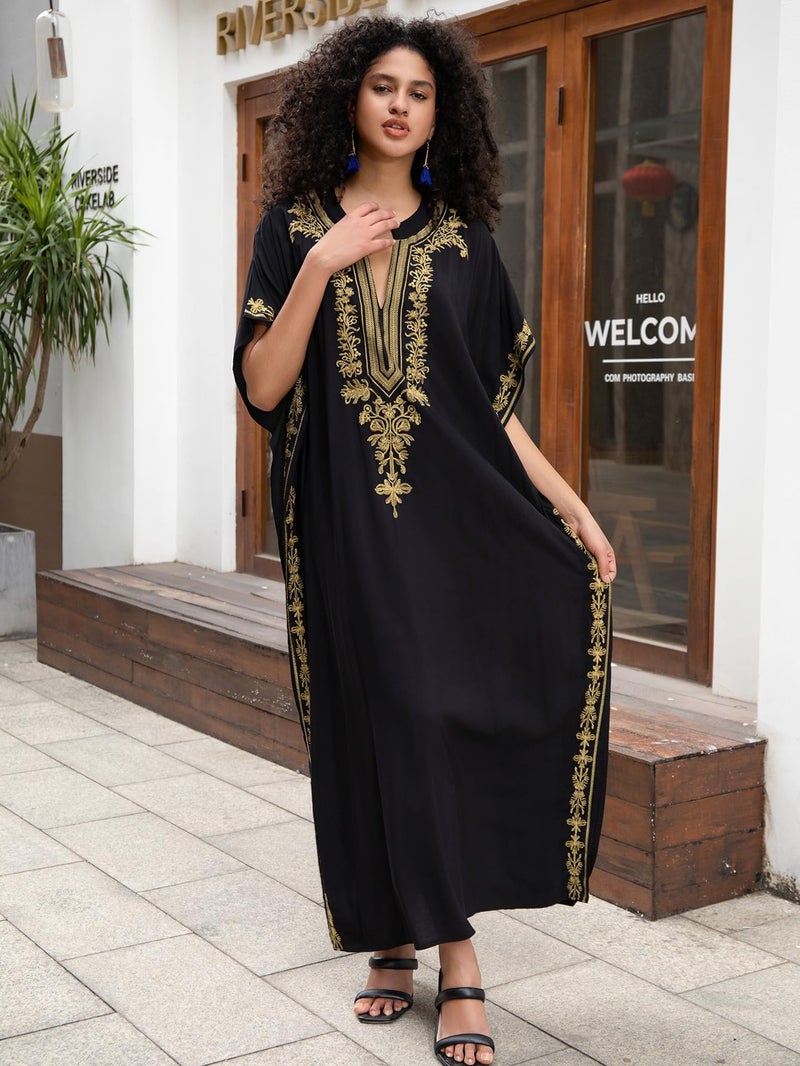 KECVOT Kaftan Dresses for Women Embroidered Short Sleeve V-neck Plus Size Caftan Bikini Swimsuit Cover-Up Long Beach Dress - Image 5
