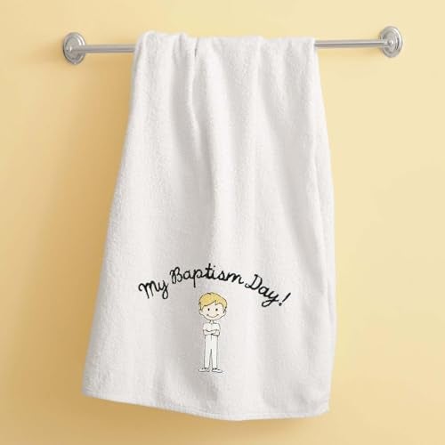 Ringmasters LDS White Embroidered Baptism Towel - Boy Blonde Hair - Baptism Day! Towel - Great Gift - 4 1/2 ft x 2 ft - Image 2
