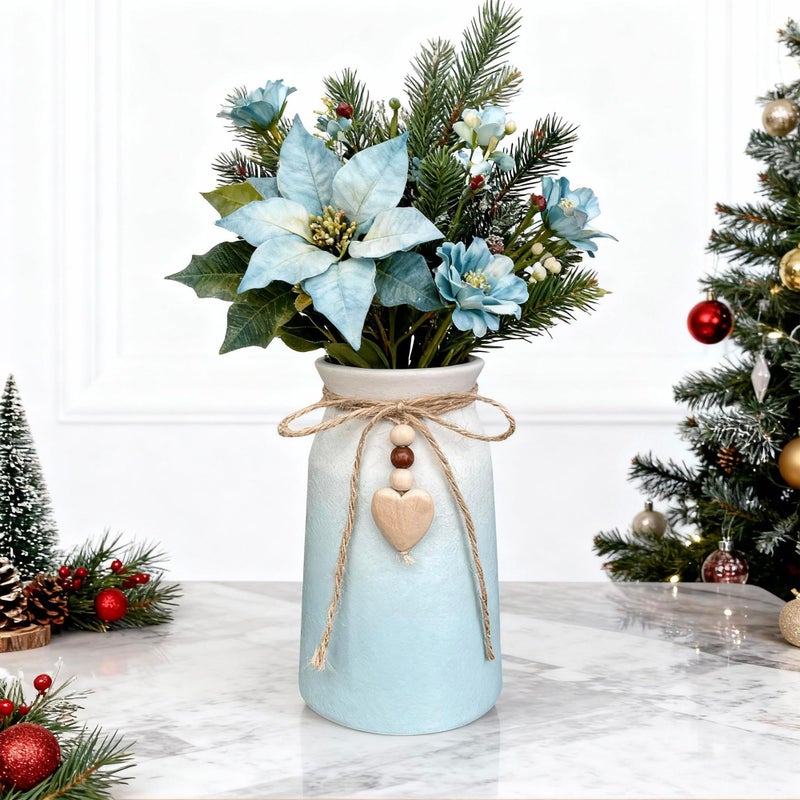 QIMOND Elegant Ceramic Vase | 6-Inch Flower Vase with Jute Rope & Heart Charm | Modern, Farmhouse, & Boho Home DÃ©cor, Blue Color - Image 3