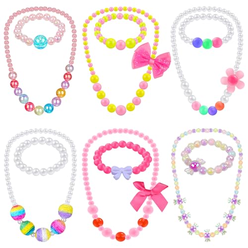 Sumind 6 Sets Toddler Jewelry for Little Girls Baby Beaded Necklace and Bracelet Costume Dress up Jewelry Gifts Princess Party FavorsClassic Style - Image 1
