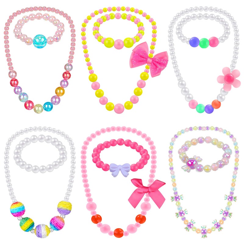 Sumind 6 Sets Toddler Jewelry for Little Girls Baby Beaded Necklace and Bracelet Costume Dress up Jewelry Gifts Princess Party FavorsClassic Style - Image 2