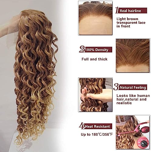 Ebingoo Brown Blonde Lace Front Wig for Women +Wig Cap Honey Blonde Wig Lace Front Blonde Curly Wig Blonde Curly Lace Front Wig Synthetic Wig Caramel Hair Wig for Women Girls Daily Wear - Image 3
