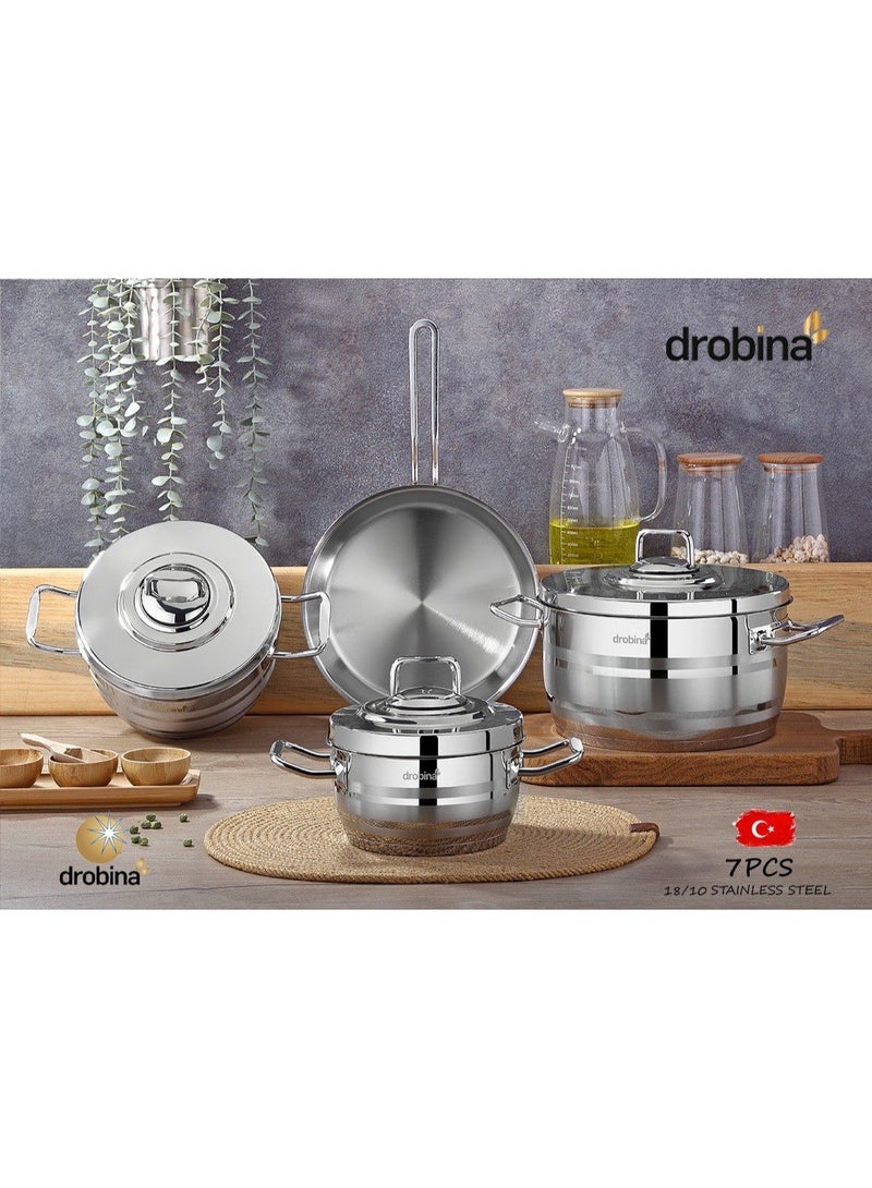 Drobina Pots Set 7 Pieces Turkish Stainless Steel Steel Lids 18/10 - Image 1